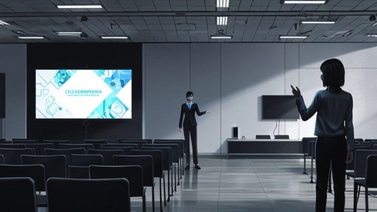 Salón de conferencias moderno con pantallas digitales y asistentes observando presentaciones tecnológicas