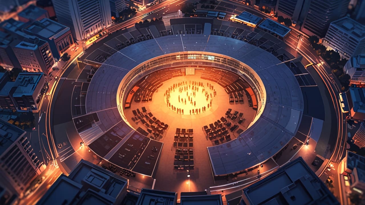 Vista aérea de un moderno centro de conferencias en una ciudad costera al atardecer