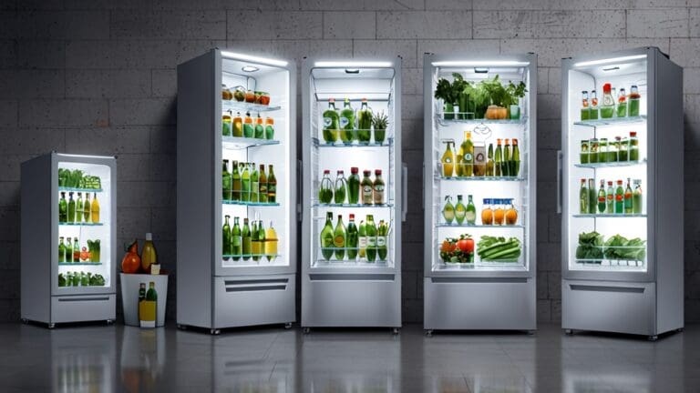Refrigeradores ecológicos alineados en un almacén moderno con luz natural