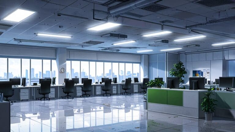 Oficina moderna con tecnología avanzada, vista desde arriba, ambiente luminoso y profesional.