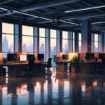 Oficinas modernas de una startup tecnológica en una ciudad latinoamericana, iluminación cálida que resalta un entorno corporativo innovador.