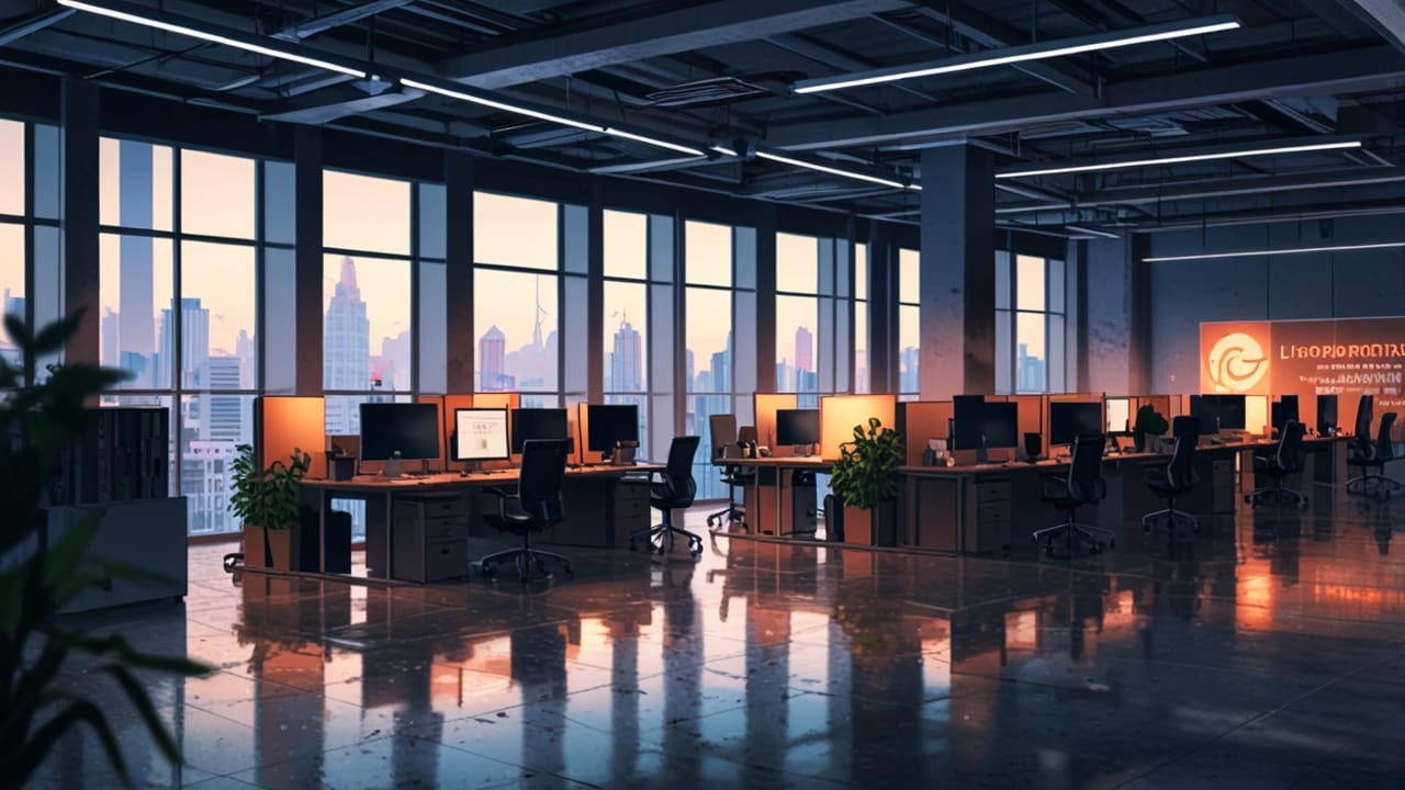 Oficinas modernas de una startup tecnológica en una ciudad latinoamericana, iluminación cálida que resalta un entorno corporativo innovador.