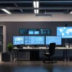 Oficinas modernas de una startup tecnológica con computadores y gráficos en pantalla