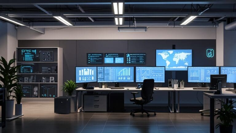 Oficinas modernas de una startup tecnológica con computadores y gráficos en pantalla