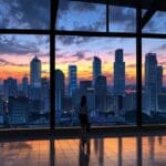 Vista panorámica de un moderno centro de convenciones en Singapur, rodeado de destacados rascacielos al atardecer