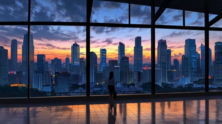 Vista panorámica de un moderno centro de convenciones en Singapur, rodeado de destacados rascacielos al atardecer