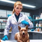 Primer plano de un laboratorio moderno con equipos biotecnológicos y un perro en atención veterinaria