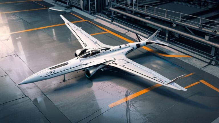 Diseño conceptual de un avión futurista con alas integradas en un entorno industrial