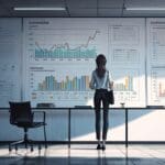 Oficina moderna con pantallas mostrando gráficos financieros en un entorno colaborativo