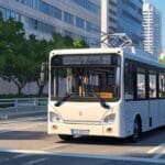 Moderno vehículo eléctrico en una carretera urbana con fondo de ciudad tecnológica.