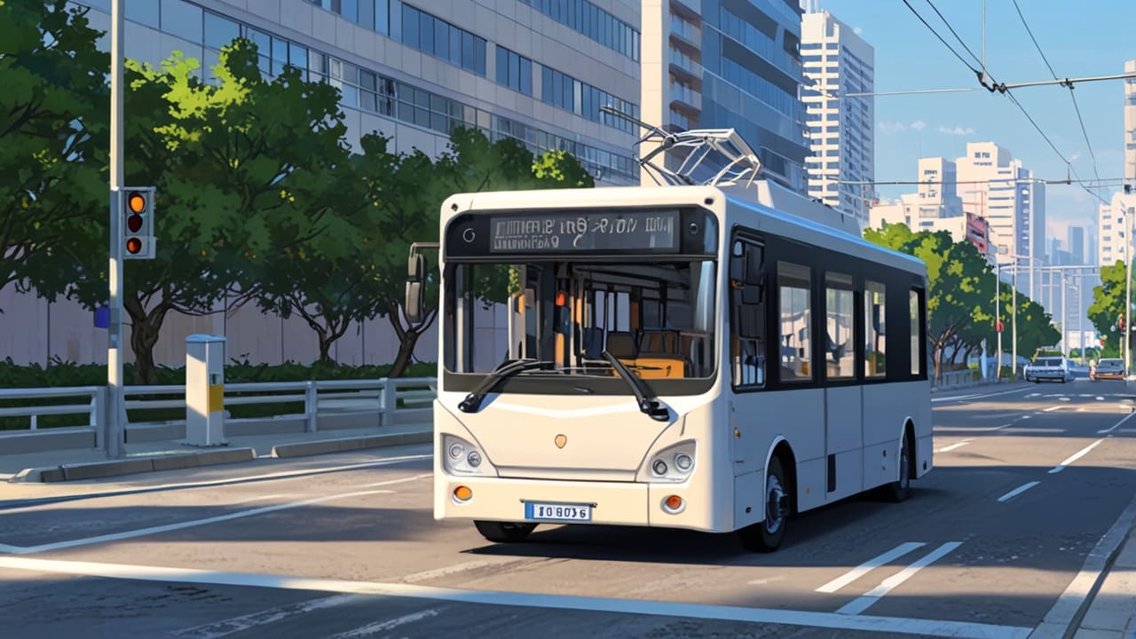 Moderno vehículo eléctrico en una carretera urbana con fondo de ciudad tecnológica.