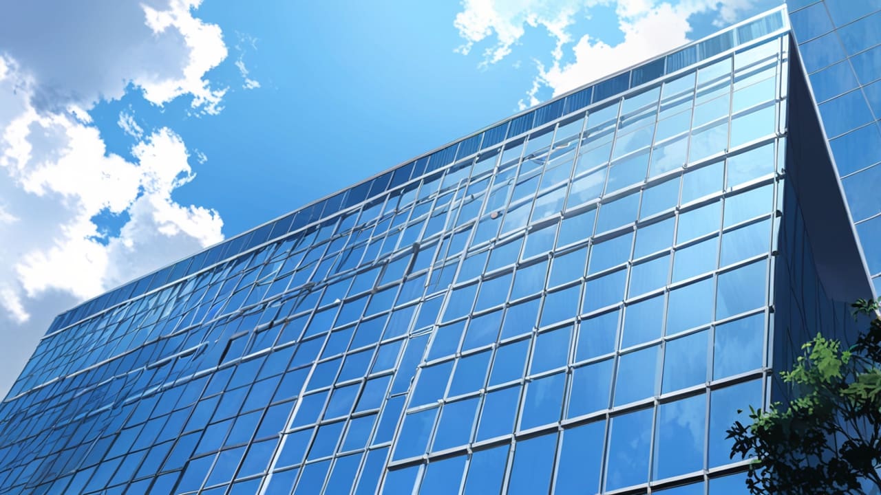 Edificio moderno en un parque empresarial con cielo despejado y tecnología visible