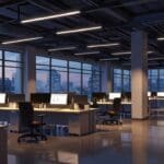 Oficinas modernas de tecnología con escritorios vacíos y luces apagadas al atardecer