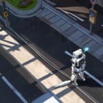 Vista aérea de un robot autónomo operando en una avenida concurrida en una ciudad moderna.