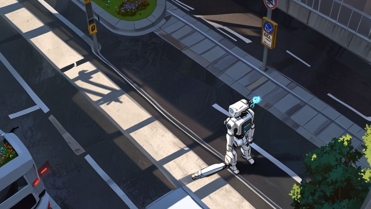 Vista aérea de un robot autónomo operando en una avenida concurrida en una ciudad moderna.