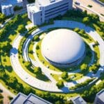 Vista aérea de un hub tecnológico moderno en una ciudad pequeña rodeada de naturaleza