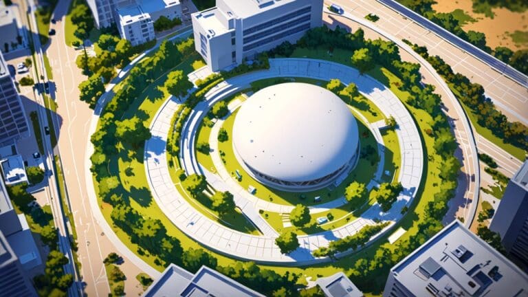 Vista aérea de un hub tecnológico moderno en una ciudad pequeña rodeada de naturaleza