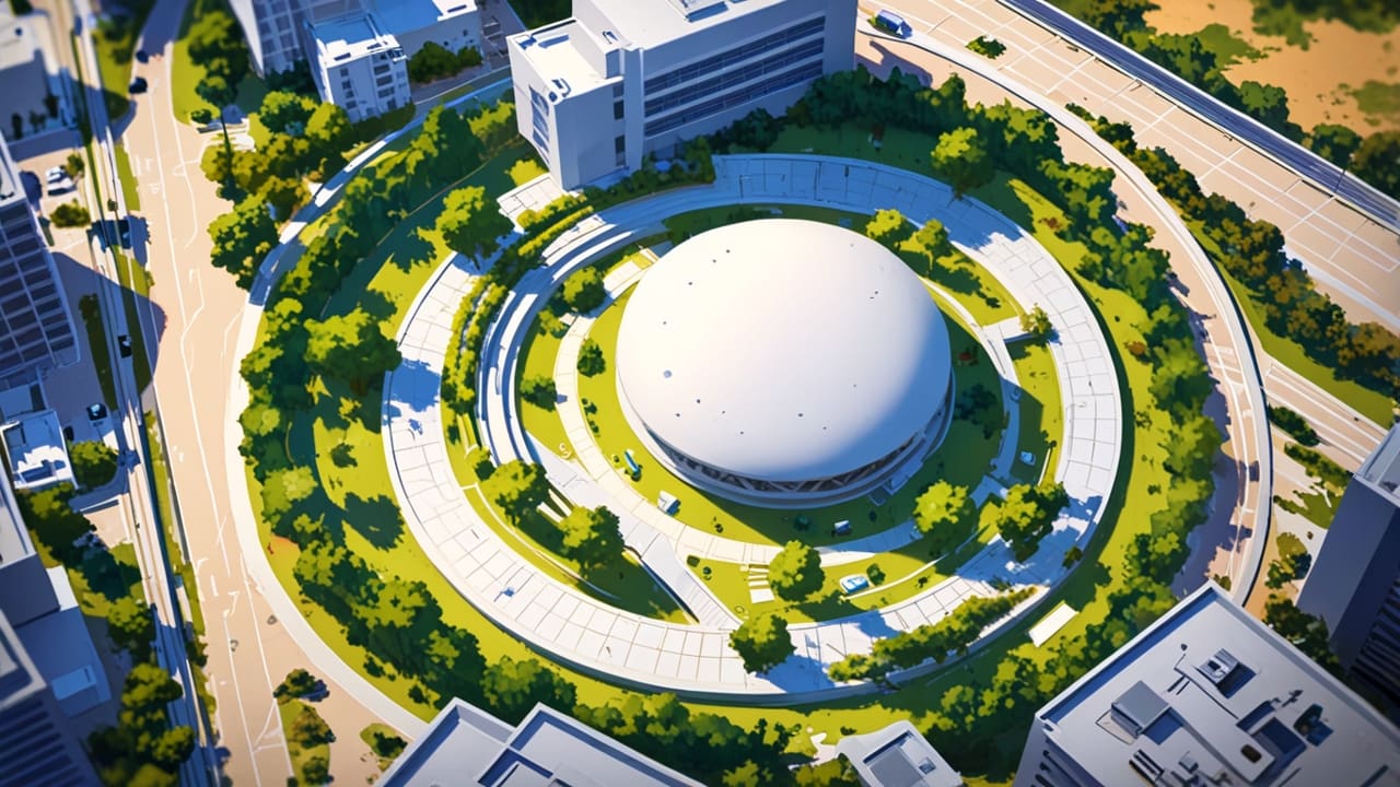 Vista aérea de un hub tecnológico moderno en una ciudad pequeña rodeada de naturaleza