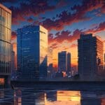 Vista moderna de un centro urbano tecnológico al atardecer