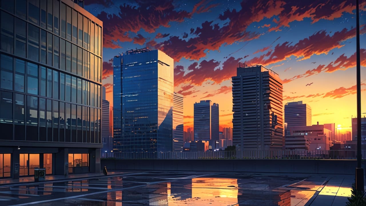 Vista moderna de un centro urbano tecnológico al atardecer
