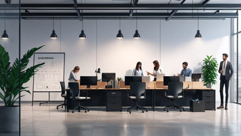 Oficina moderna con equipos tecnológicos y ambiente creativo