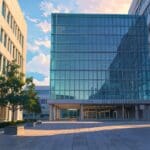 Moderno campus tecnológico con edificios de oficinas y áreas verdes al amanecer