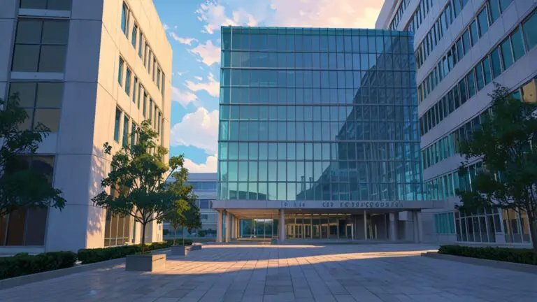 Moderno campus tecnológico con edificios de oficinas y áreas verdes al amanecer