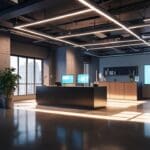 Interior moderno de una oficina tecnológica con pantallas y dispositivos innovadores en pleno funcionamiento