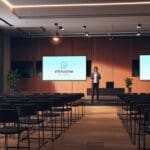 Sala de conferencias moderna con startup presentando su proyecto, pantallas digitales al fondo