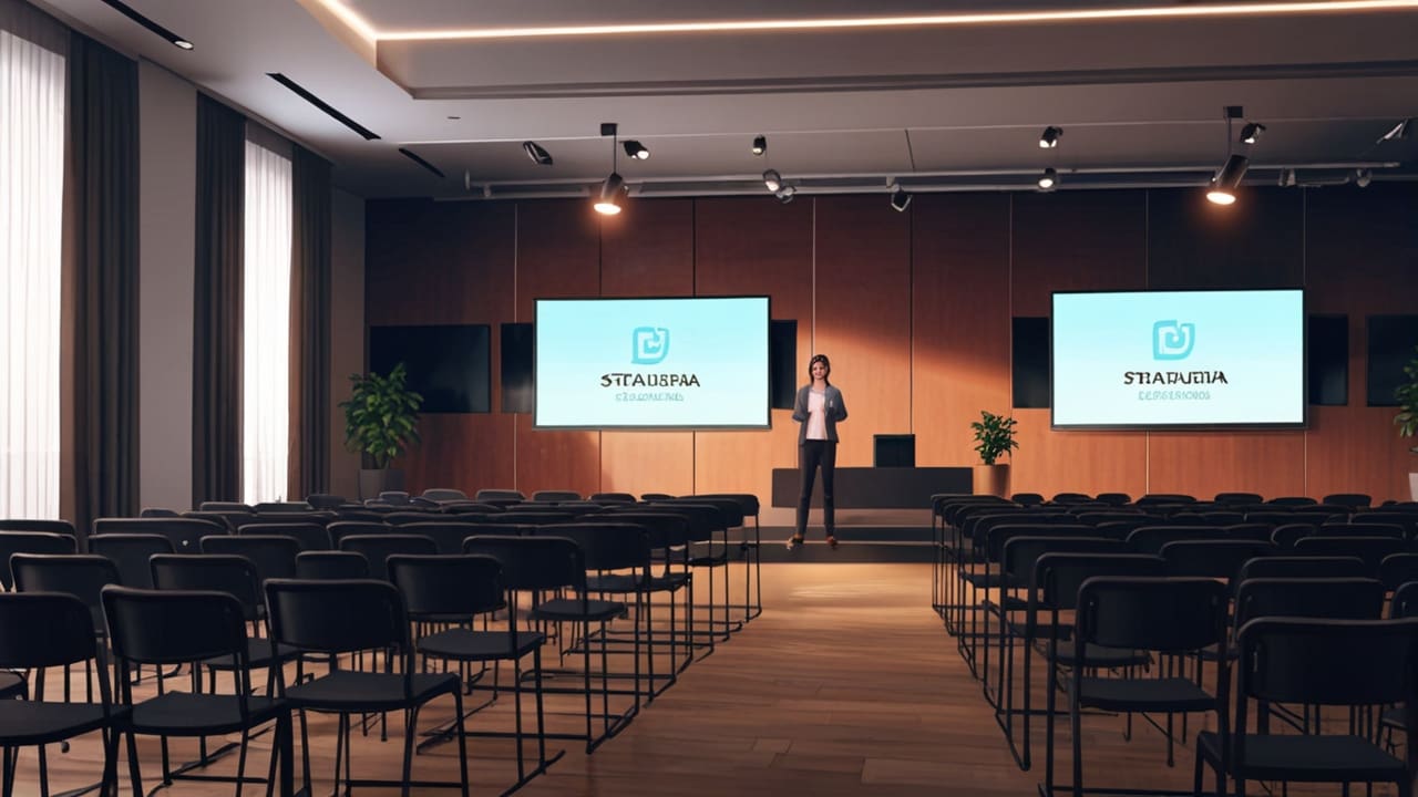 Sala de conferencias moderna con startup presentando su proyecto, pantallas digitales al fondo