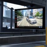 Primer plano de un vehículo urbano con una pantalla digital en su interior mostrando publicidad innovadora, rodeado de un entorno moderno de ciudad.