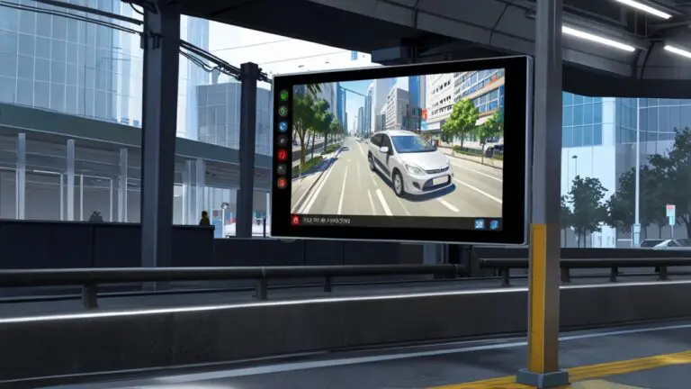 Primer plano de un vehículo urbano con una pantalla digital en su interior mostrando publicidad innovadora, rodeado de un entorno moderno de ciudad.