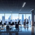 Vista panorámica de oficinas modernas con enfoque en tecnología y emprendimiento