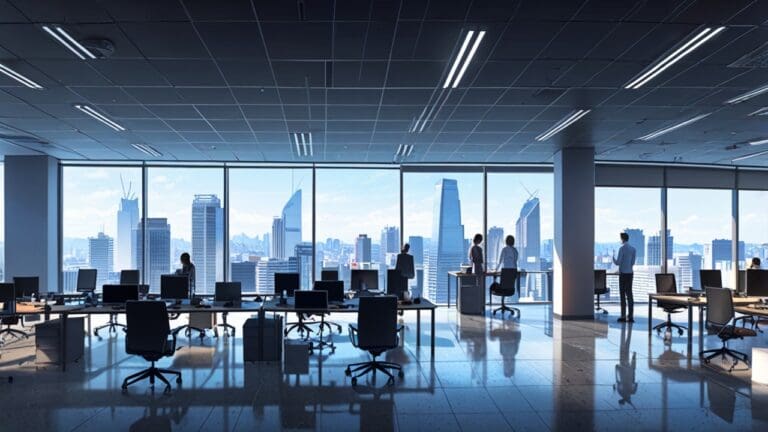 Vista panorámica de oficinas modernas con enfoque en tecnología y emprendimiento