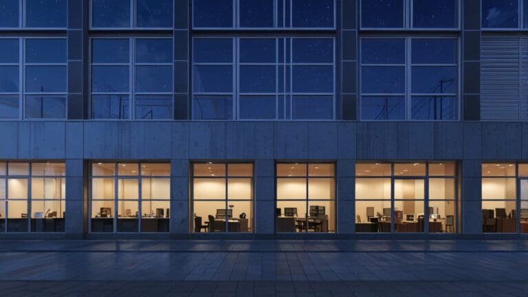 Edificios modernos y tecnológicos iluminados al anochecer con ambiente empresarial