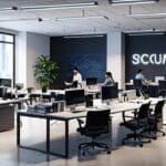 Oficinas modernas con un grupo de personas colaborando en un proyecto tecnológico.