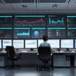 Oficina moderna con computadoras y pantallas mostrando gráficos financieros