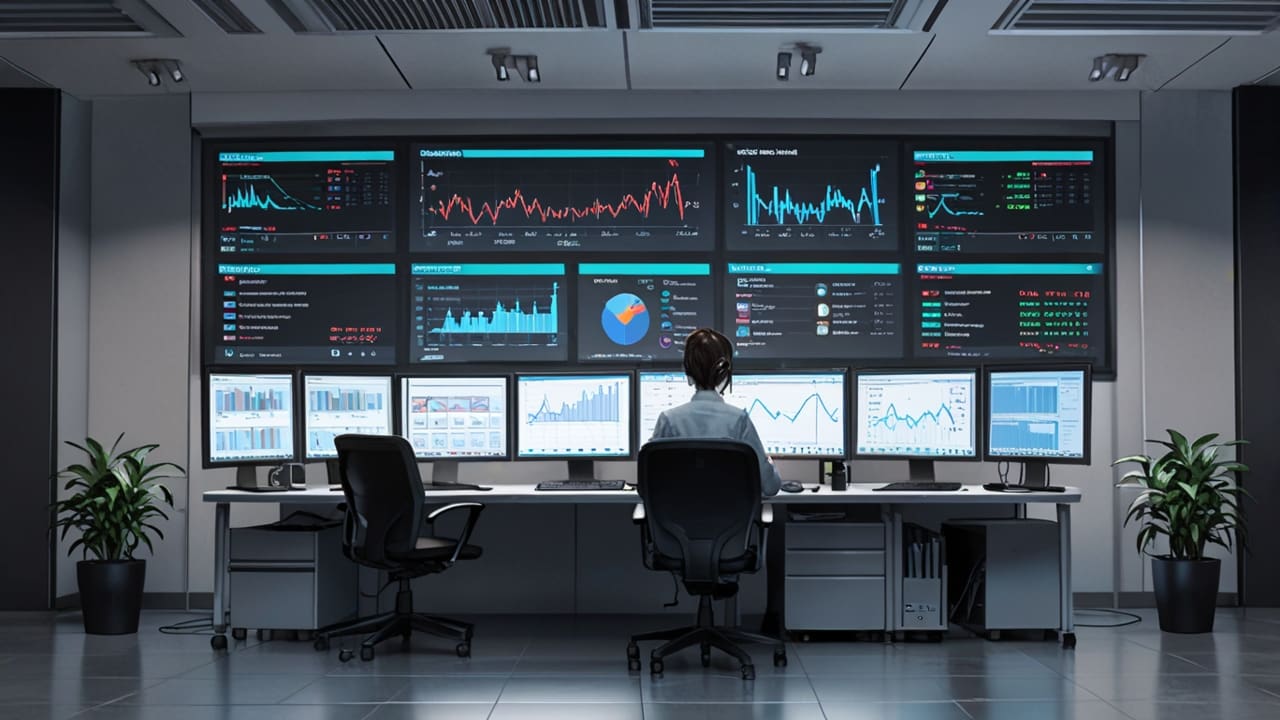 Oficina moderna con computadoras y pantallas mostrando gráficos financieros