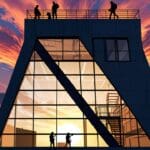 Edificios modernos y tecnológicos al atardecer, simbolizando innovación.