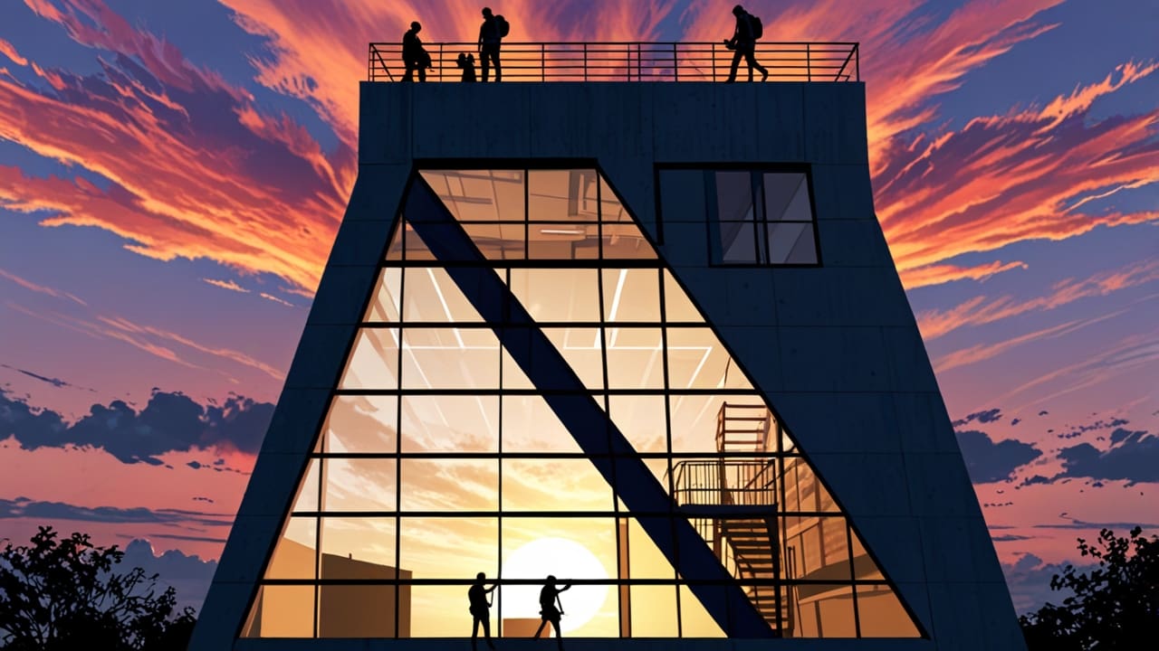 Edificios modernos y tecnológicos al atardecer, simbolizando innovación.