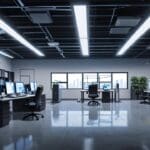 Oficina moderna y tecnológica con equipos de computación avanzada en funcionamiento