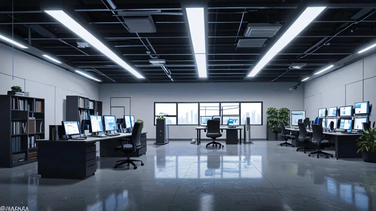 Oficina moderna y tecnológica con equipos de computación avanzada en funcionamiento