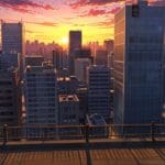 Vista urbana moderna con rascacielos de tecnología en un cálido atardecer