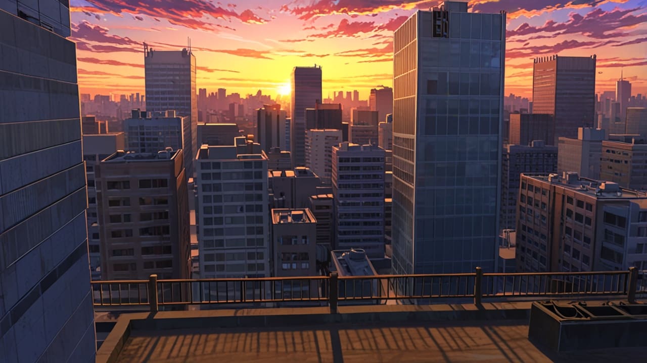 Vista urbana moderna con rascacielos de tecnología en un cálido atardecer