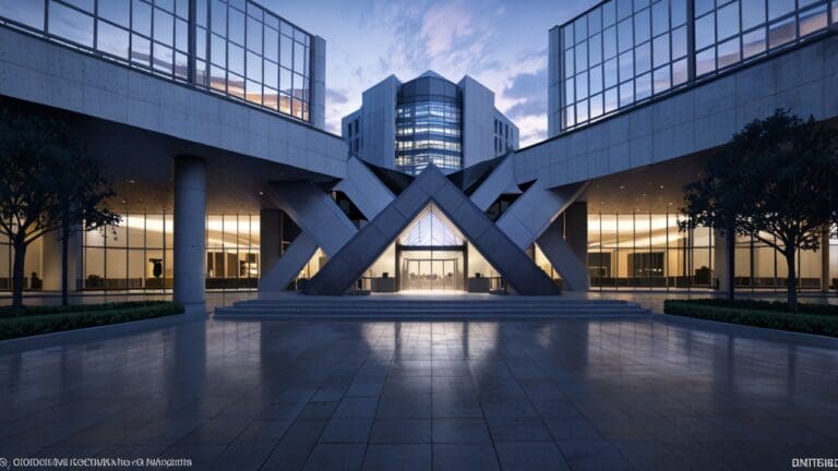 Moderno centro de innovación tecnológica con edificios de oficinas al amanecer.
