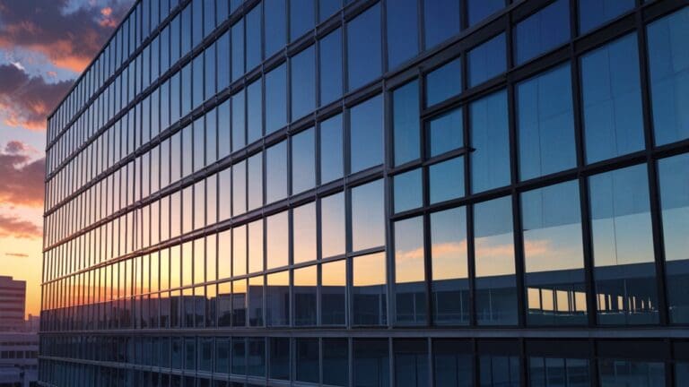 Edificios de oficinas modernas con tecnología avanzada al amanecer