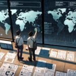 Vista aérea de una oficina moderna de una startup tecnológica en la ciudad con pantallas de datos y mapas de viaje.