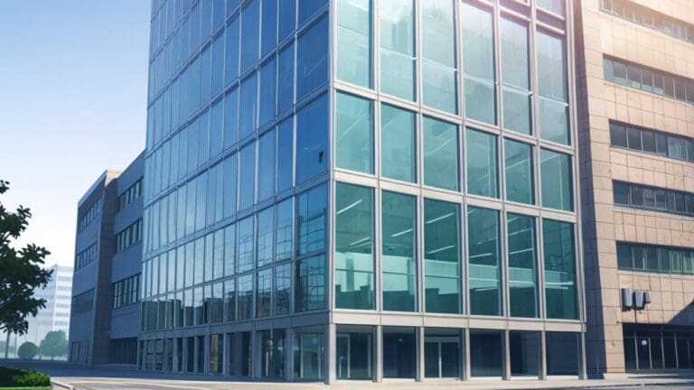 Edificio de oficinas modernas con fachadas de vidrio y luz natural en un entorno tecnológico urbano