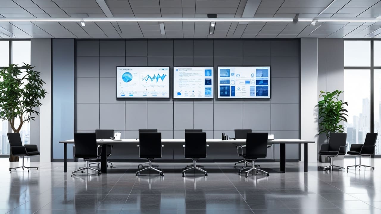 Oficinas corporativas modernas con pantallas digitales y tecnología avanzada