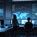 Oficina de tecnología moderna con computadoras y datos en pantalla
